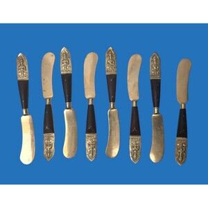 Vintage 8 Cheese Spreader Knives Buddha Bronze Brass Rosewood Siam Thailand 6”